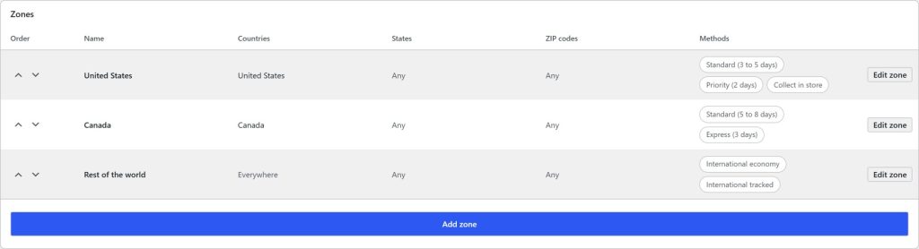 Shipping zones